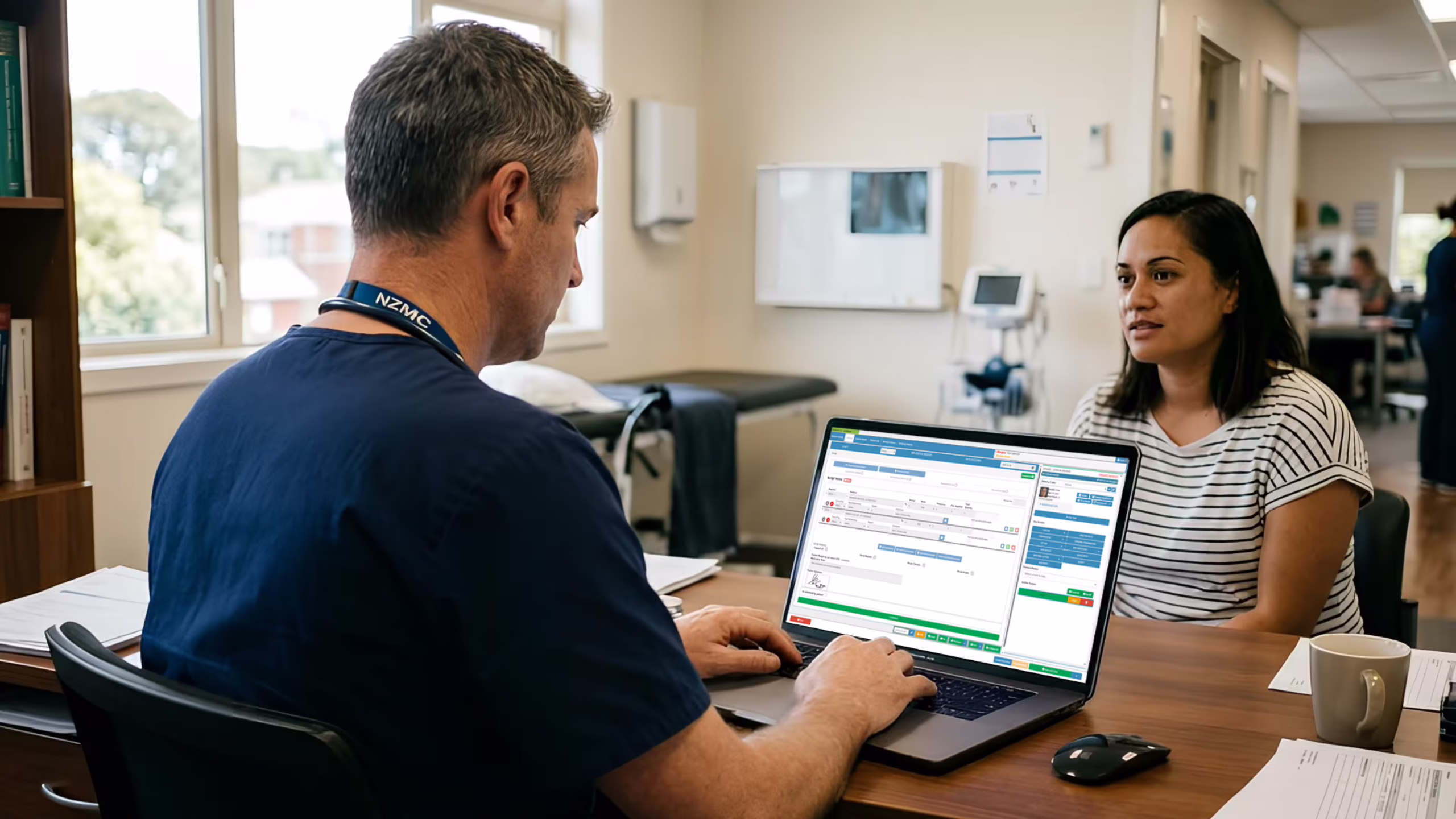New Zealand doctor using medical software in a clinic setting