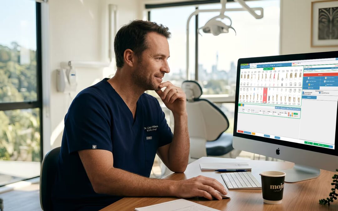 Dentist using dental practice management software in New Zealand clinic