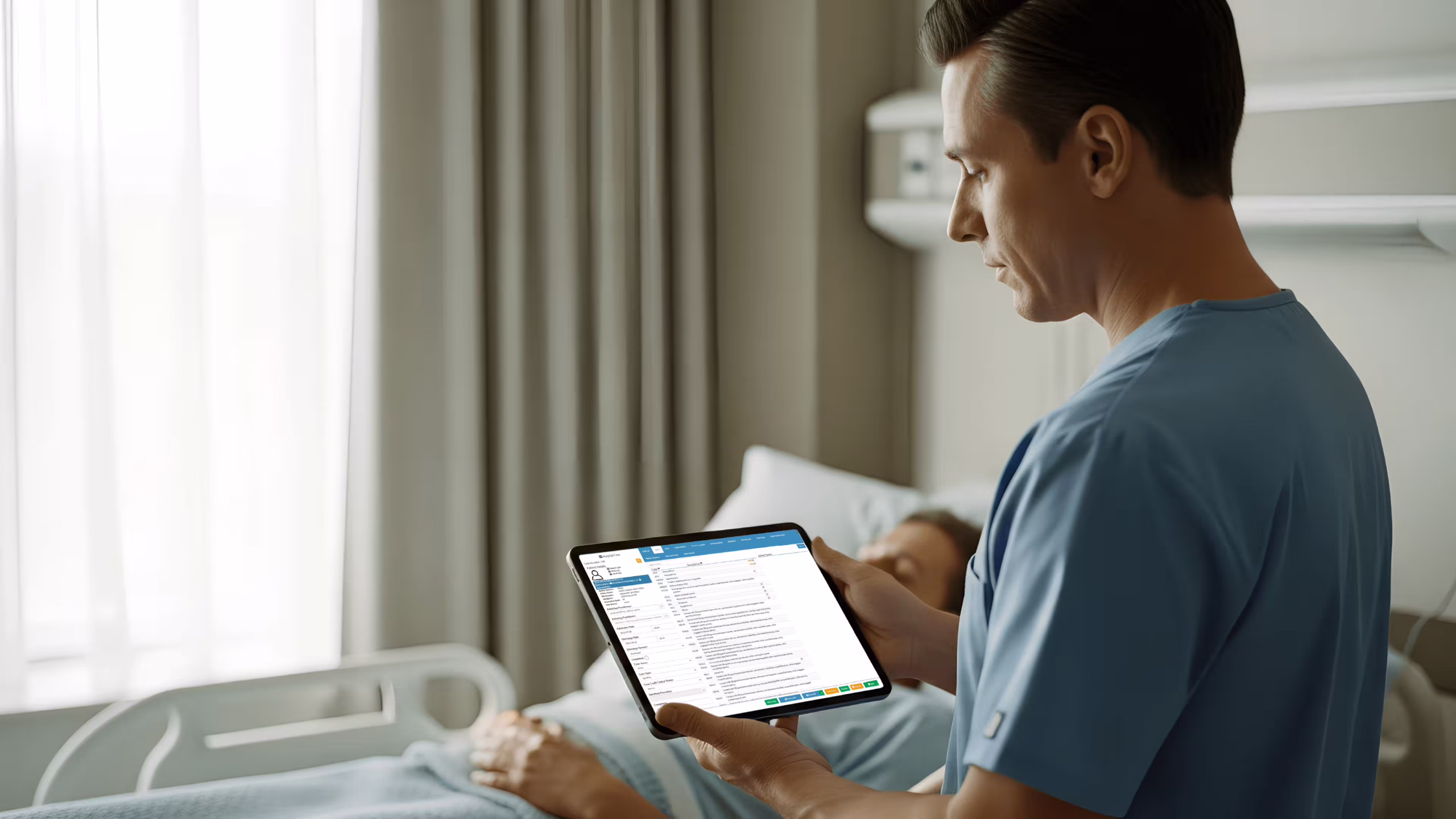 Doctor in NZ hospital using clinical software on tablet to monitor patient care