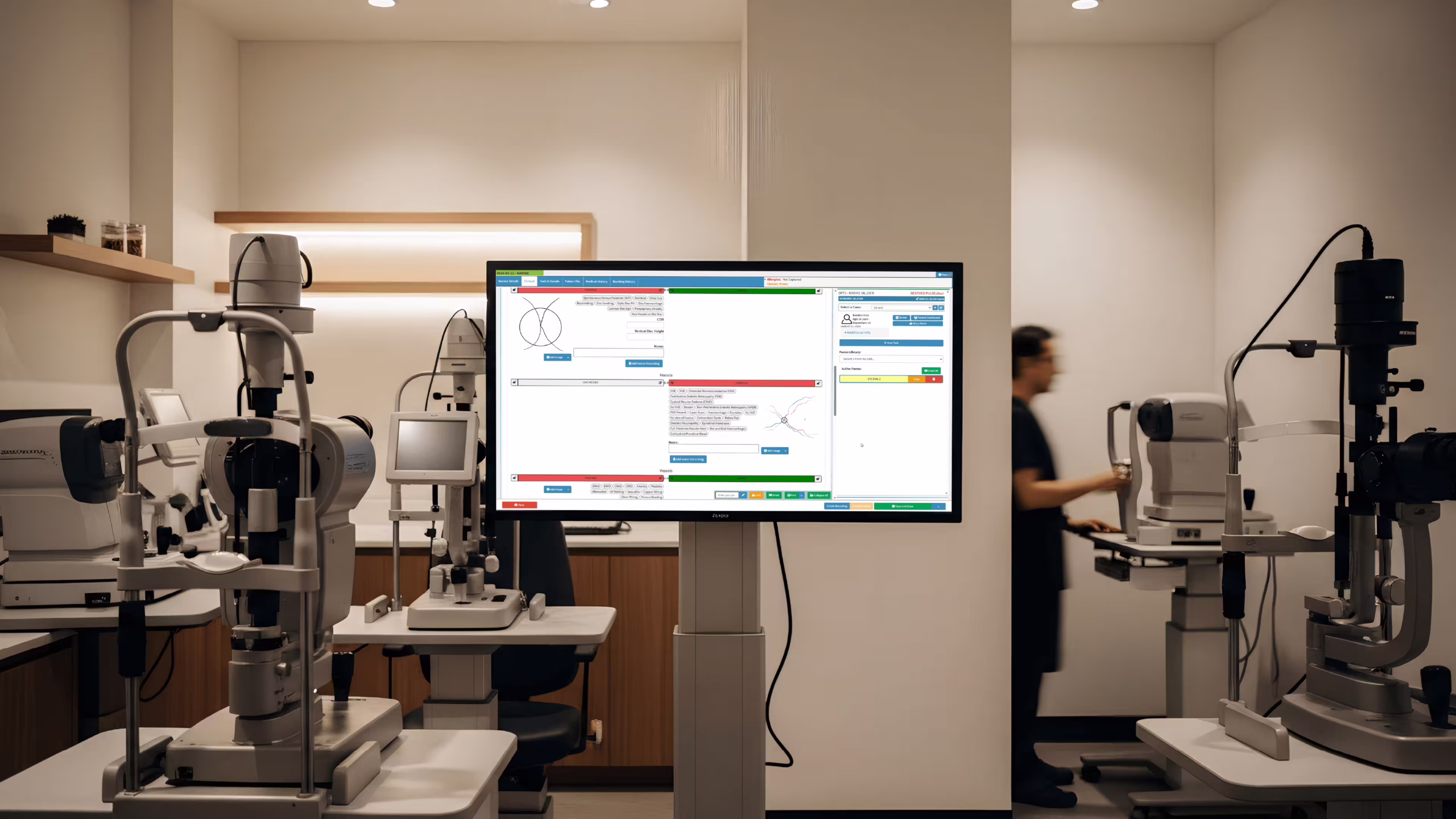 Ophthalmologist using EHR software on a digital device in a New Zealand clinic