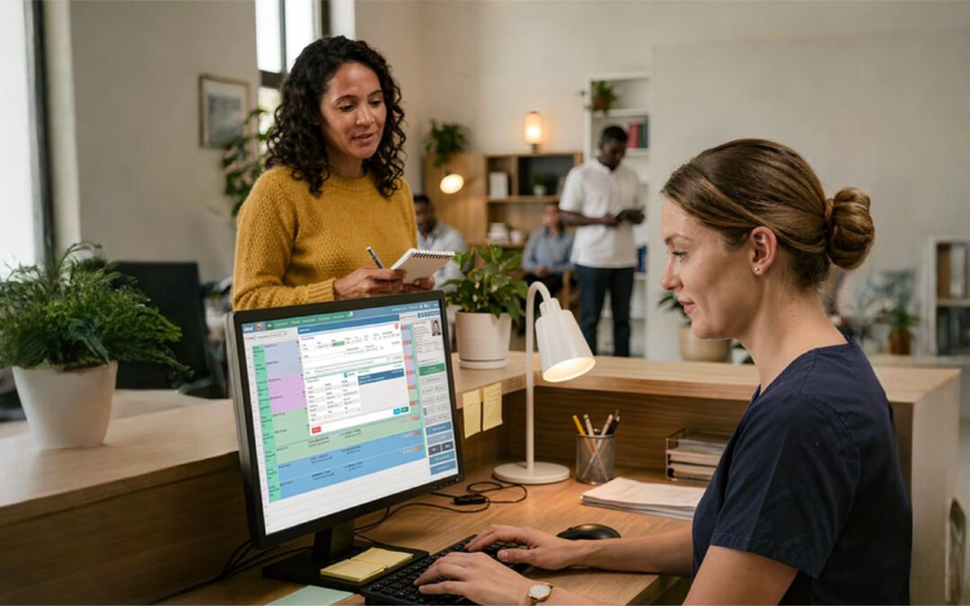 Dental receptionist managing appointments on cloud-based software in NZ practice