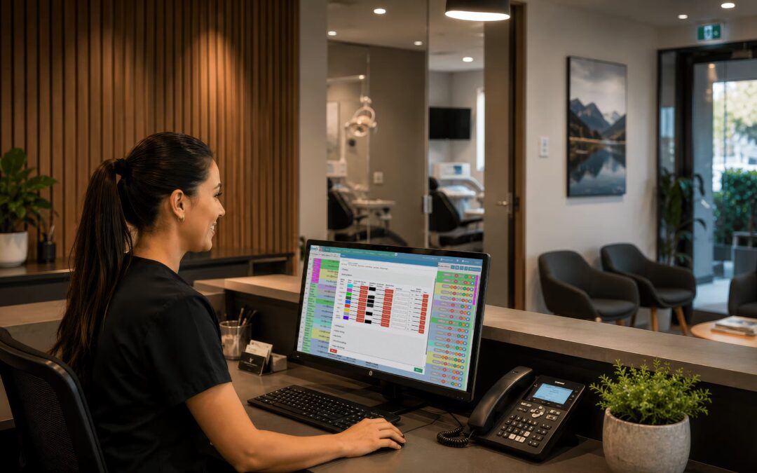 Receptionist using a dental practice management system at a New Zealand dental clinic reception desk