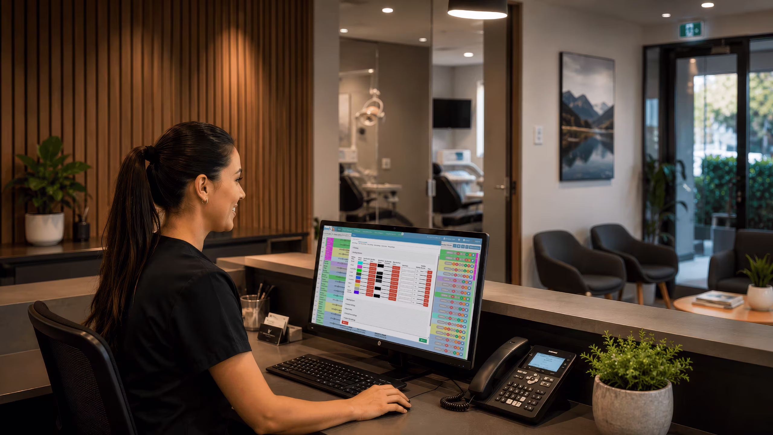 Receptionist using a dental practice management system at a New Zealand dental clinic reception desk