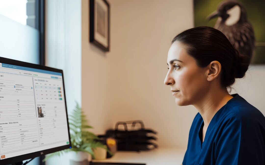 New Zealand doctor reviewing electronic health record software on a computer in a GP clinic, comparing software company options