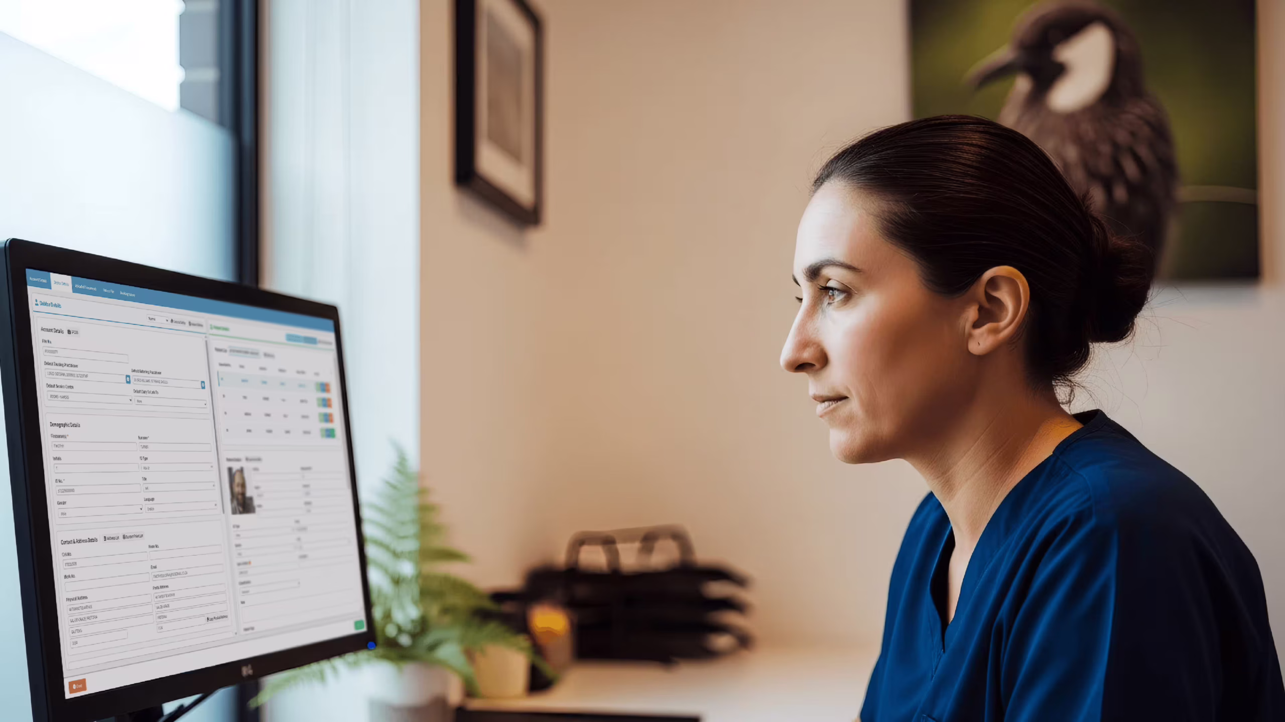 New Zealand doctor reviewing electronic health record software on a computer in a GP clinic, comparing software company options