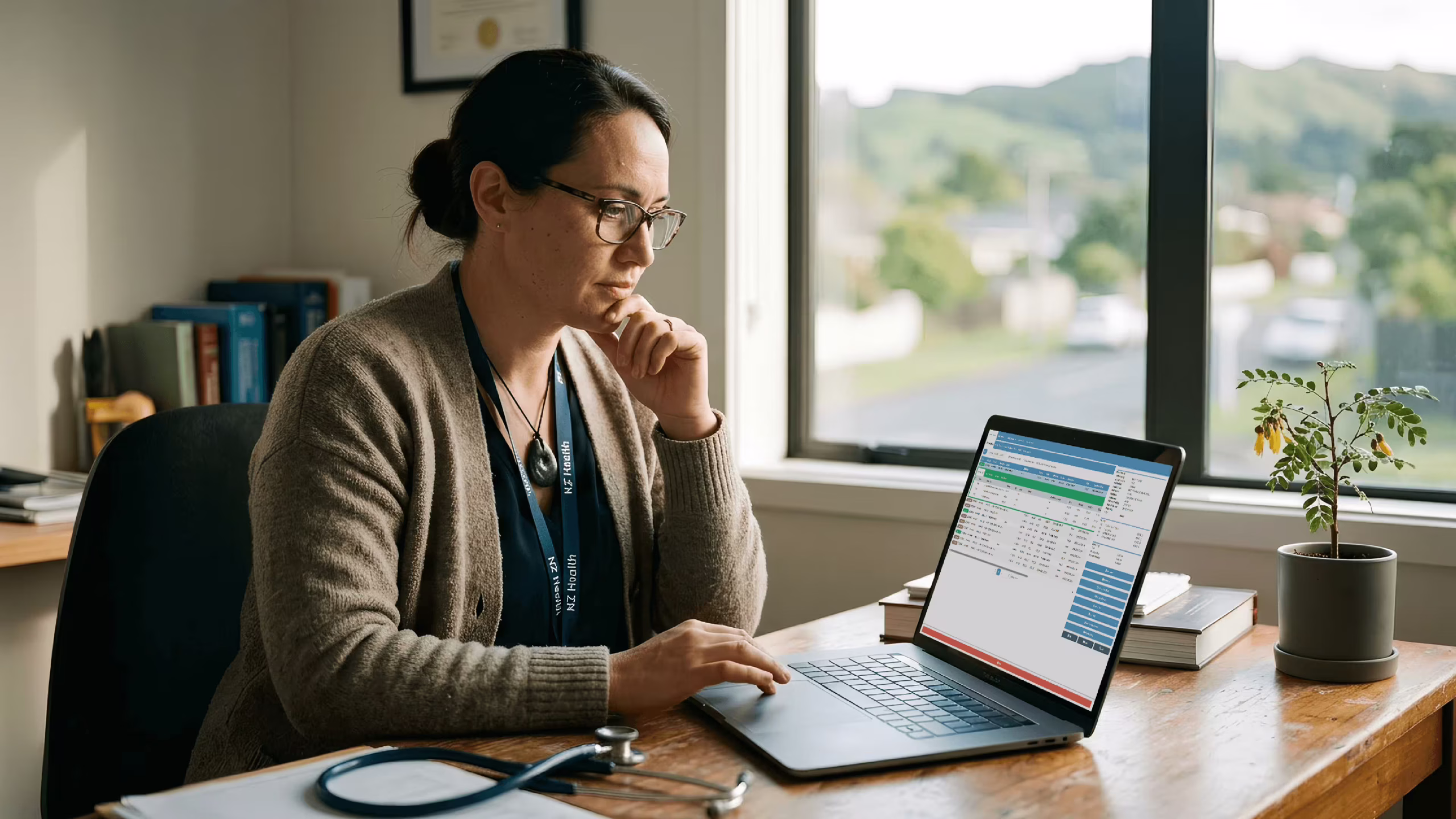 New Zealand GP reviewing EMR and EHR software on a laptop in a small clinic, with patient records and clinical history on screen