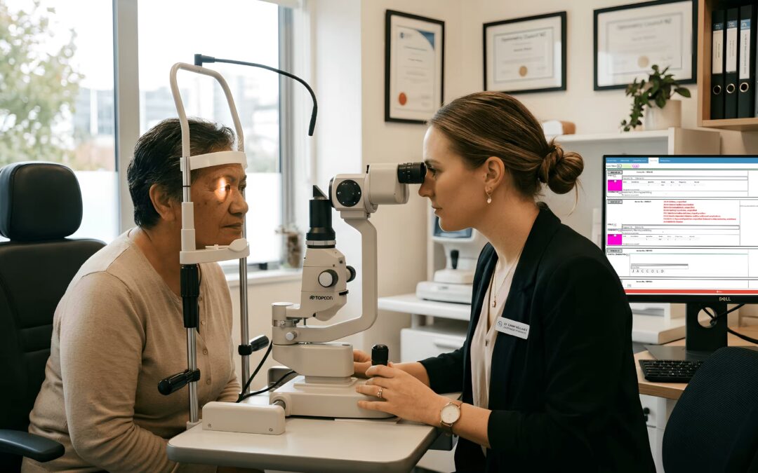 New Zealand optometrist using eye care software with practice management dashboard during patient examination