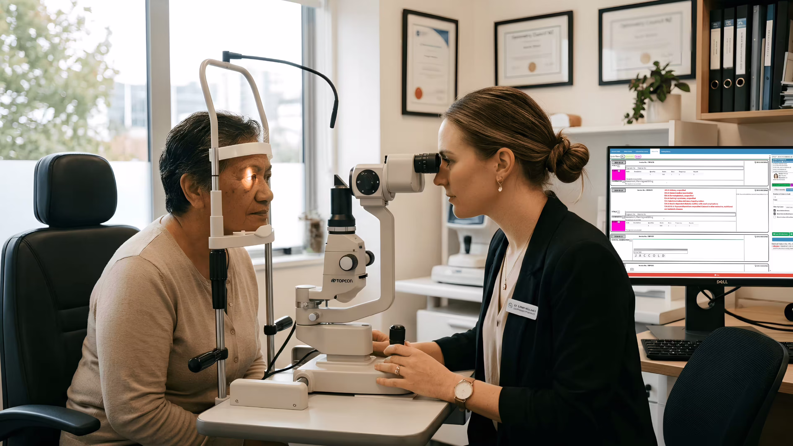 New Zealand optometrist using eye care software with practice management dashboard during patient examination