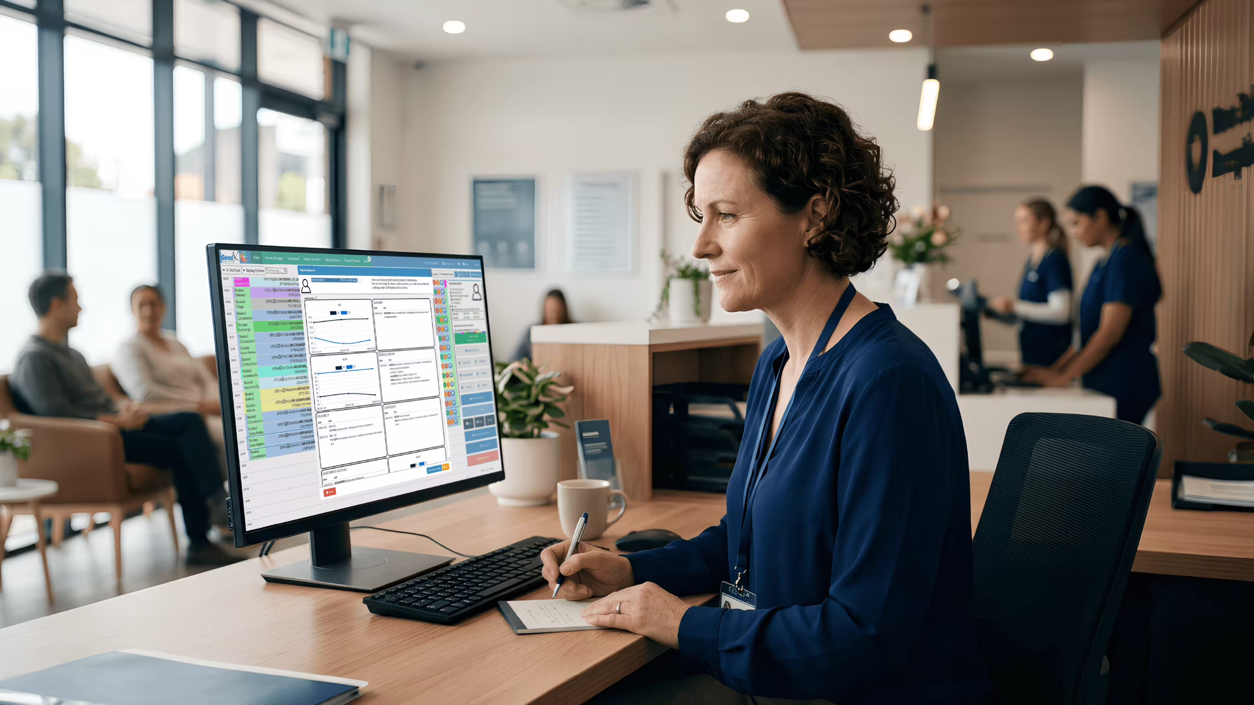New Zealand GP using a practice management program to review patient schedules and clinical records in a modern clinic