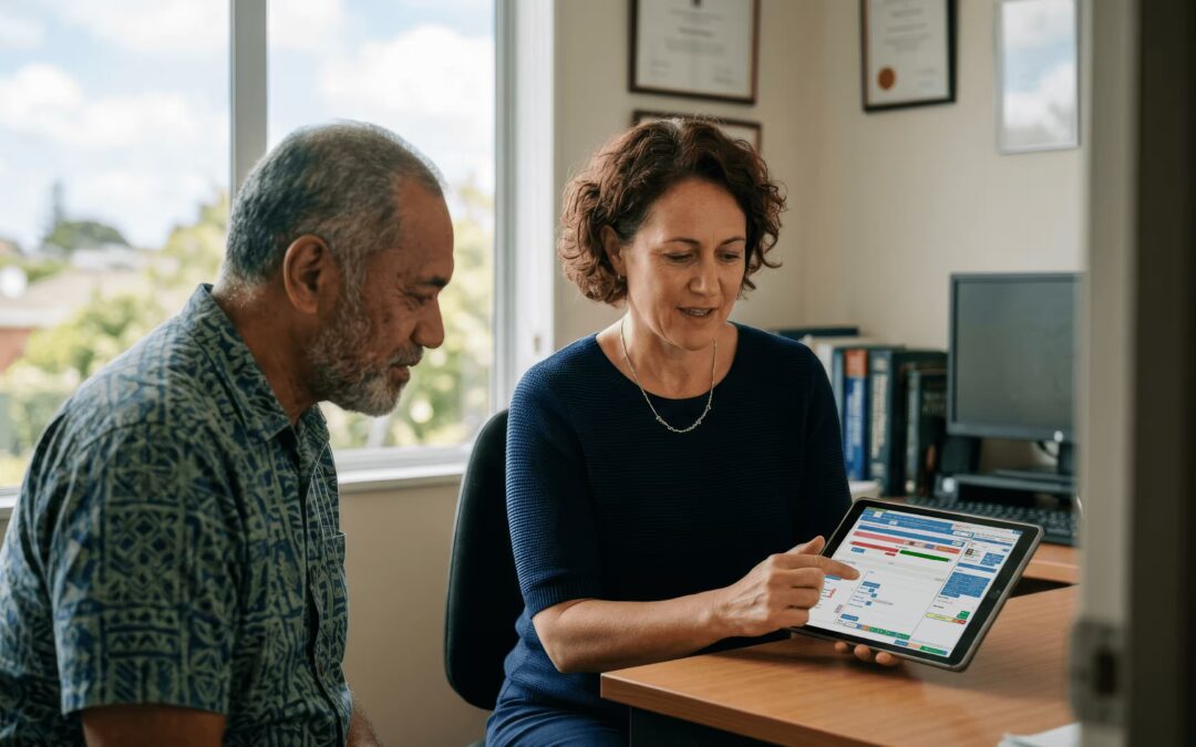 GP reviewing EMR software with a patient in a New Zealand medical practice