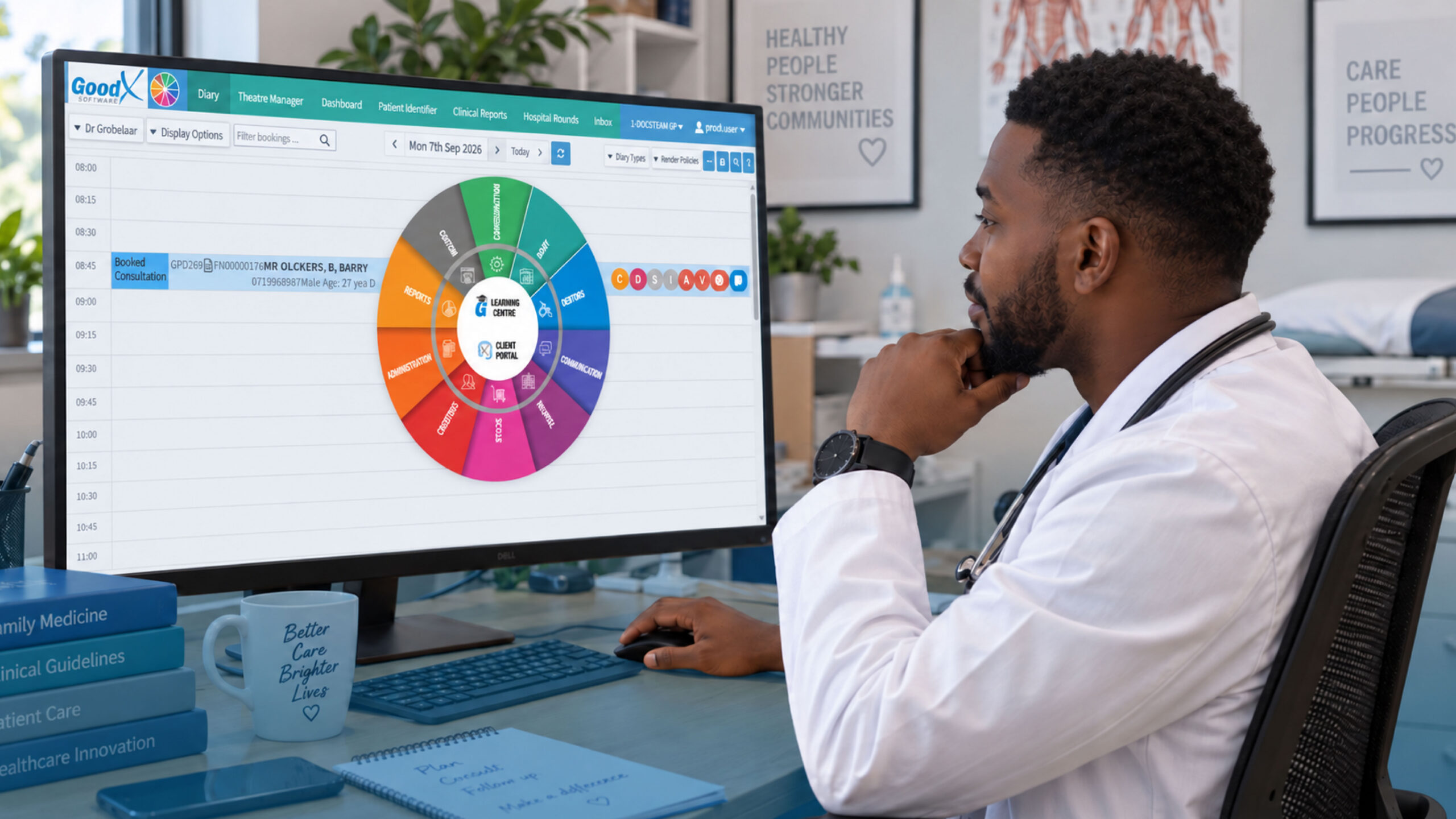 Healthcare professional using a CRM dashboard to manage patient interactions and appointments