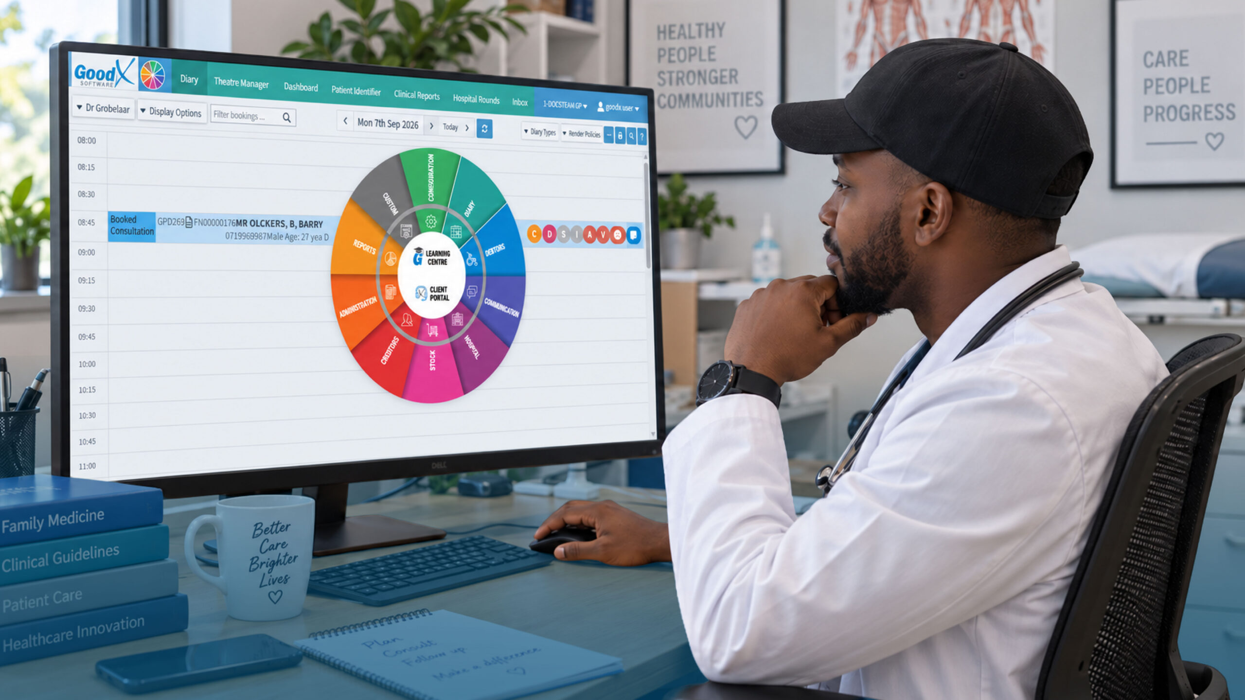 healthcare-crm-system-patient-journey Healthcare professional using a CRM dashboard to manage patient interactions and appointments