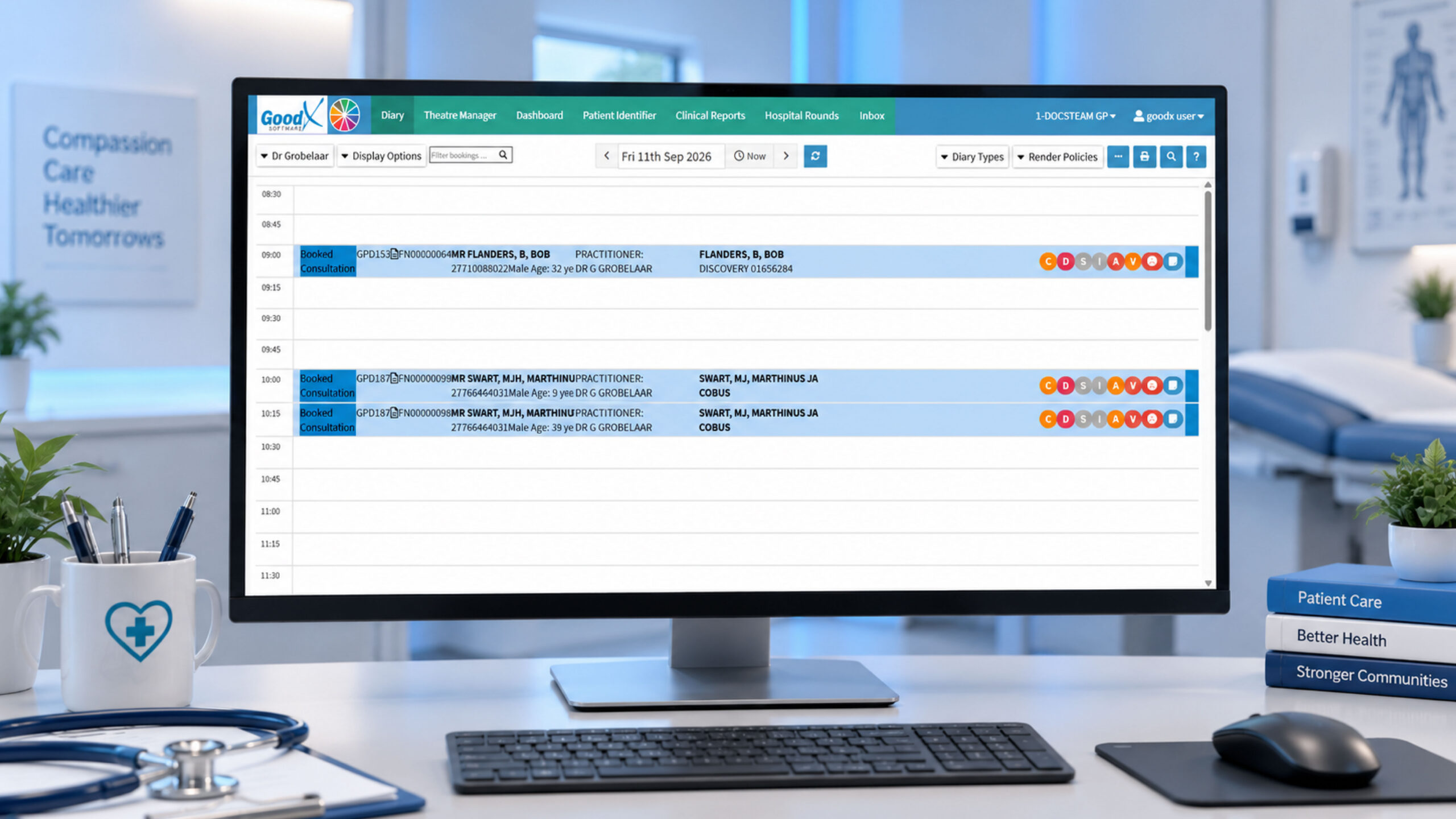 Health care scheduling software appointment calendar for a New Zealand medical practice.